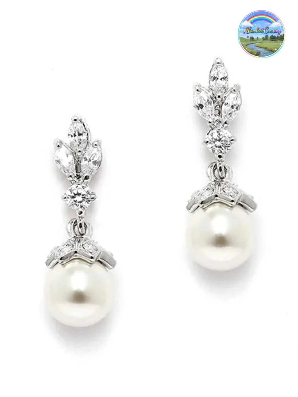 Pearl Drop Wedding Earrings 8MM Ivory Shell Pearls Cubic Zirconia Crystal